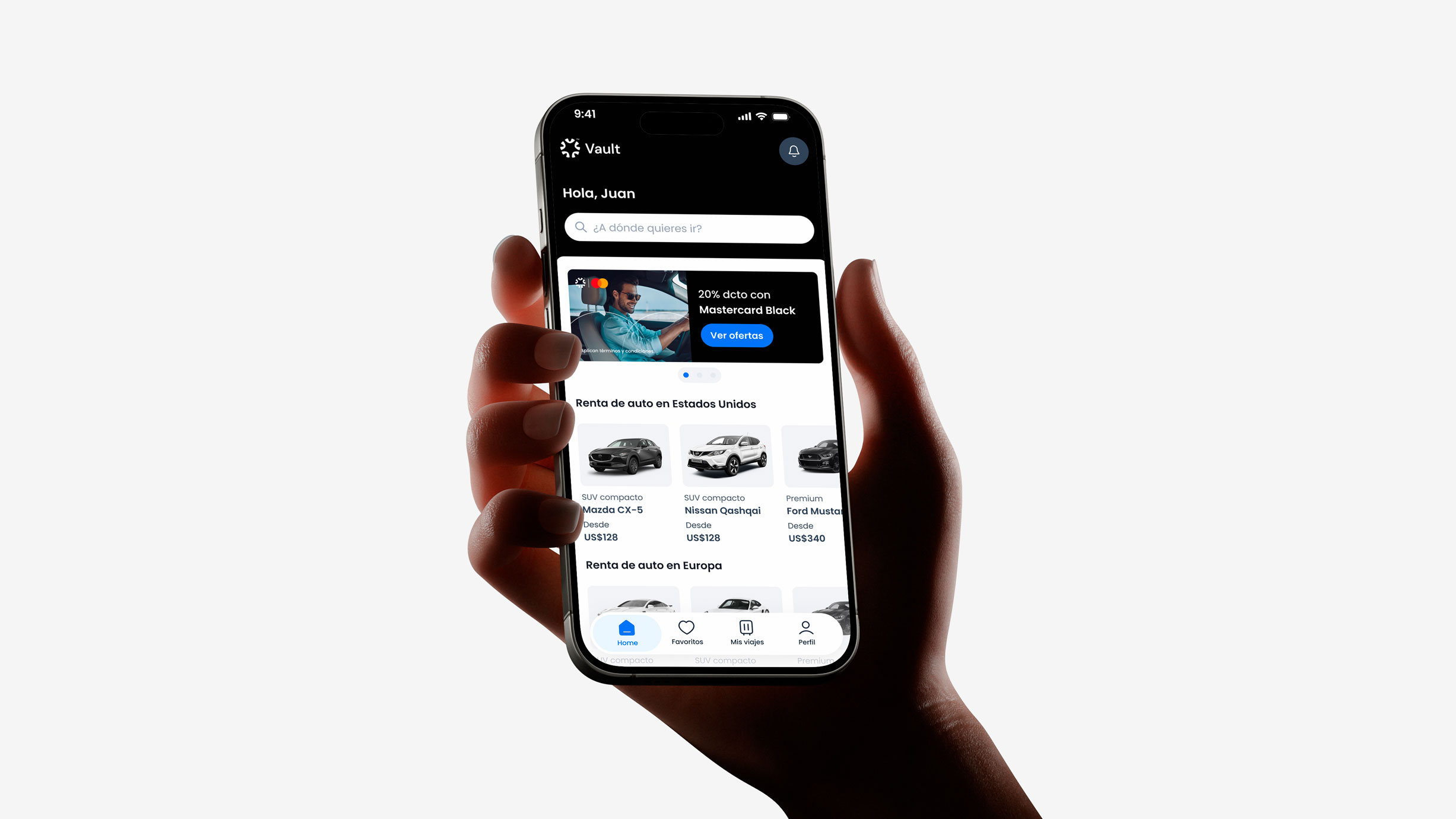 Mano sosteniendo el teléfono con la app de Vault